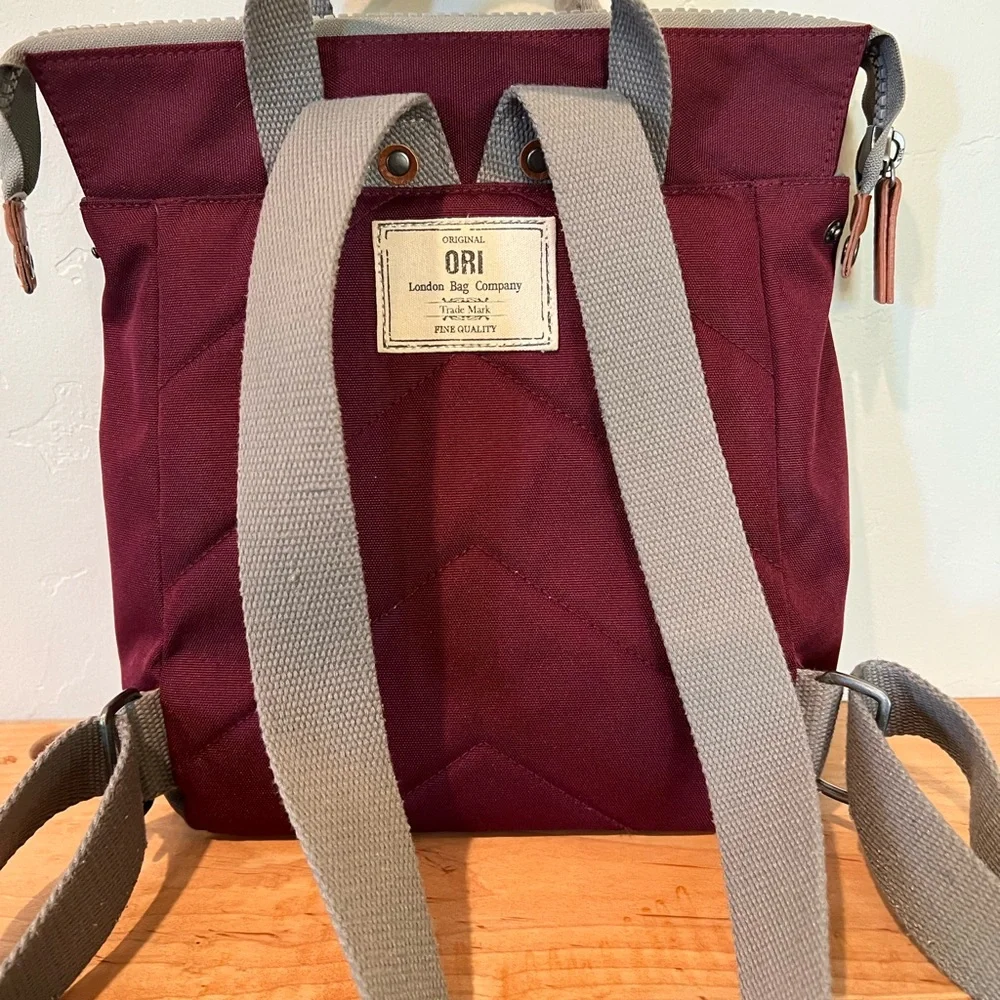 Maroon Canvas Backpack Tote with Gray Straps - Picture 3 of 4